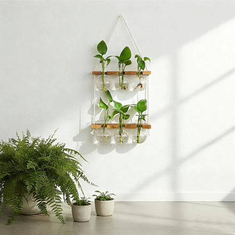 Wall Hanging Plant Propagation Station With 6 Glass Bulb Vases Two Tier Wooden Terrarium Stand For Hydroponics displayed on wall
