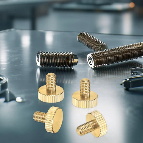 10 Pack Knurled Thumb Screws M5x8mm Solid Brass Flat Head Hardware on metal surface for DIY fixes and adjustments.