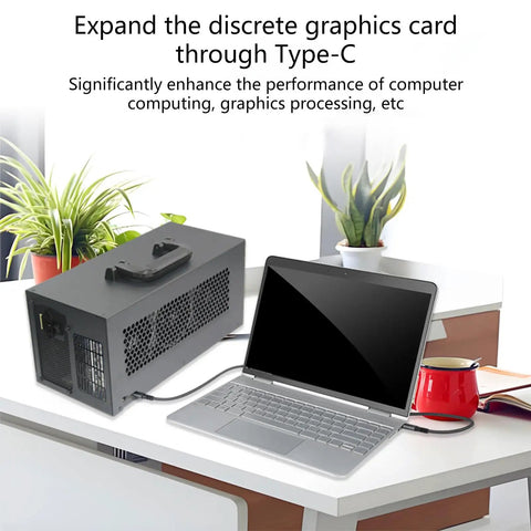 Heavy Duty Metal EGPU Dock With Usb4 Type C Providing 40Gbps Transfer And Fast Charging PCIe graphics card adapter next to a laptop on a desk.