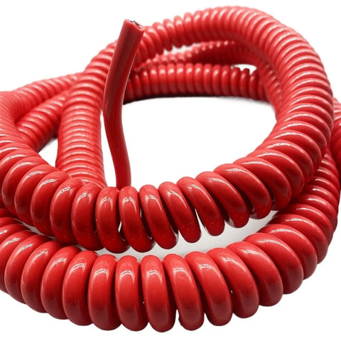 Straight Up Heavy Duty Stretch Coiled Extension Cord With Hella Tough Polyurethane Jacket And Flexible Spring Design That Kills Tangles And Delivers Clean Power Indoors Or Outdoors For Fifteen Meters, red coiled cable.