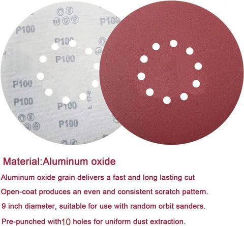 Two 9-inch sanding discs with 10-hole pattern, 50 Piece 9 Inch Hook And Loop Sanding Discs Set For Drywall Sander 10 Hole Includes 60 80 120 150 240 Grits Aluminum Oxide Blend For Pro Grade Finishes And Quick Grit Change Durable Paper.