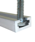 Close-up of a premium aluminum T slot track rail showing a quarter T bolt secured in a deep channel, 24 inches long.