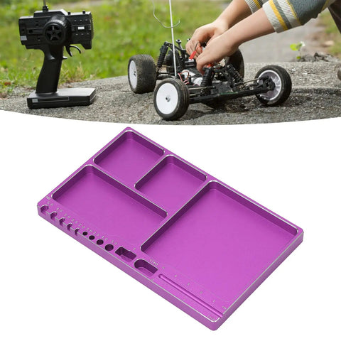 Purple magnetic aluminum screw tray for RC repairs and maintenance, holds screws, nuts, washers - ideal organizer for vehicles