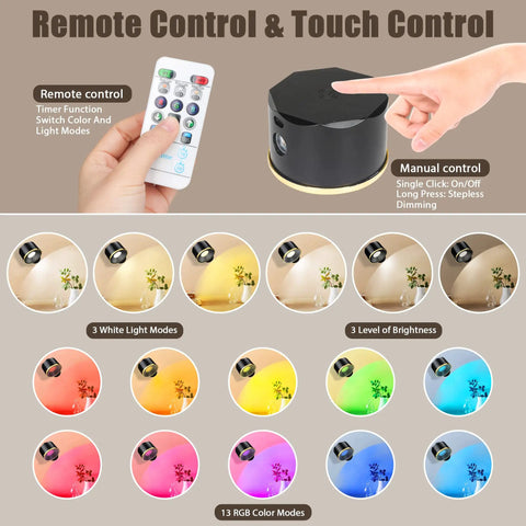Remote and touch control features of Four Pack Wireless Wall Sconce Lights With Remote, USB Rechargeable Battery Powered, 16 RGB Colors.