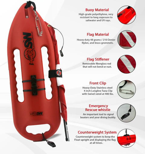 Compact Lifeguard Float Rescue Can Buoy 28 Inch for Spearfishing and Scuba Dive Durable Polyethylene Torpedo Style