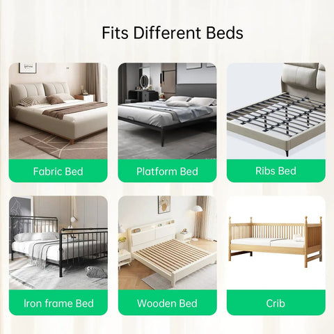 Different bed styles including fabric, platform, ribs, iron frame, wooden beds, and crib for Foldable Toddler Bed Rail Guard.
