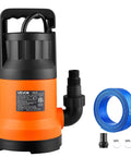 Heavy Duty Submersible Water Pump With 25 Foot Hose Offering One Point Two Horsepower And Five Thousand Gallons Per Hour Output with accessories.