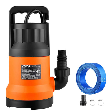Heavy Duty Submersible Water Pump With 25 Foot Hose Offering One Point Two Horsepower And Five Thousand Gallons Per Hour Output with accessories.