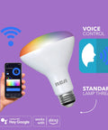 WiFi Smart BR30 LED Flood Light Bulb 12 Pack 9W 60W Equivalent Multicolor And White Dimmable Tunable Bulb For Your Smart Home Works With Google Assistant And Alexa Control From Anywhere, showing voice control and smartphone connectivity.