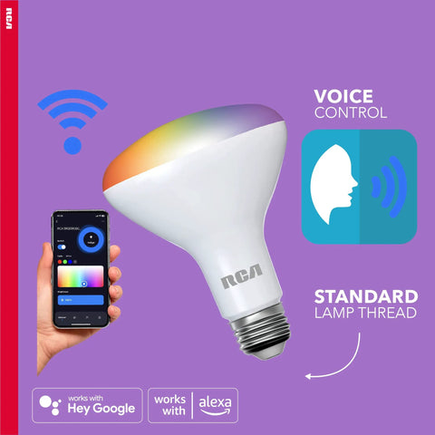 WiFi Smart BR30 LED Flood Light Bulb 12 Pack 9W 60W Equivalent Multicolor And White Dimmable Tunable Bulb For Your Smart Home Works With Google Assistant And Alexa Control From Anywhere, showing voice control and smartphone connectivity.