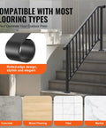 Outdoor 5 Step Stair Hand Rail Kit In Black With Installation Kit Carbon Steel Railings For Concrete Steps Porch And Deck Safe For Seniors And Kids Supports Up To 220 Lbs Retro Arch Design shown on concrete steps with flooring compatibility options.