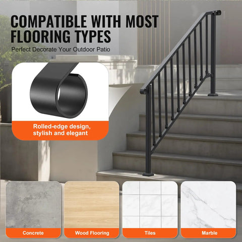 Outdoor 5 Step Stair Hand Rail Kit In Black With Installation Kit Carbon Steel Railings For Concrete Steps Porch And Deck Safe For Seniors And Kids Supports Up To 220 Lbs Retro Arch Design shown on concrete steps with flooring compatibility options.