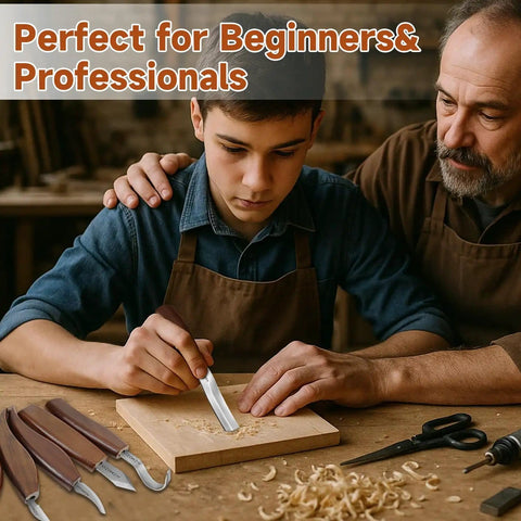 Wood Carving Kit 17Pcs With Whittling Knives And Detail Carving Tools For Beginners And Adults, shown in use by two craftsmen