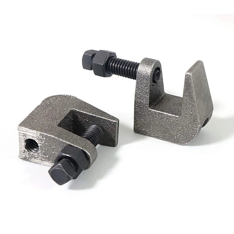 Two NIDAYE top beam clamps, gray iron with bolts, front view
