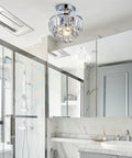 Modern Chrome Crystal Semi-Flush Mount LED Chandelier Ceiling Light For Dining Room Living Room Bedroom And Bathroom 9 Inch Diameter 10 Inch Height Crystal Tube Design Tarnish-Resistant And Durable in bathroom setting