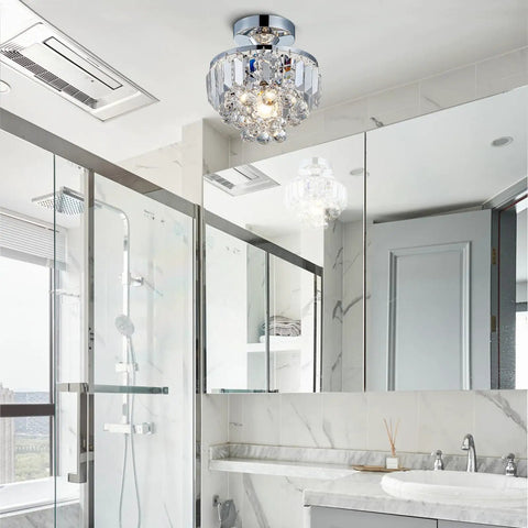 Modern Chrome Crystal Semi-Flush Mount LED Chandelier Ceiling Light For Dining Room Living Room Bedroom And Bathroom 9 Inch Diameter 10 Inch Height Crystal Tube Design Tarnish-Resistant And Durable in bathroom setting