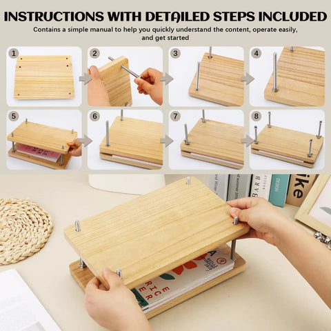 Wooden Book Press Kit For DIY Bookbinding 7.9 By 11.6 Inches Portable And Easy To Assemble in use with step-by-step guide images