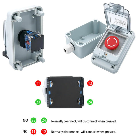 Interior view of IP67 Waterproof Emergency Stop Button With Enclosed Box Dual NO And NC Contacts 660V 10A showing components