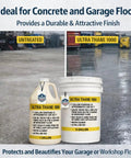 Rock Solid And Hella Durable Single Component Polyurethane Concrete Floor Sealer With UV Stain Resistant Aliphatic Urethane For Top Shelf Clear Protective Finish On Garage Slabs And Microtoppings Five Gallons displayed with gallon and five-gallon containers.