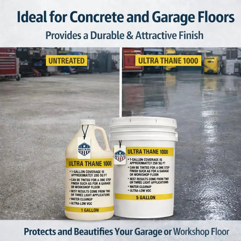 Rock Solid And Hella Durable Single Component Polyurethane Concrete Floor Sealer With UV Stain Resistant Aliphatic Urethane For Top Shelf Clear Protective Finish On Garage Slabs And Microtoppings Five Gallons displayed with gallon and five-gallon containers.