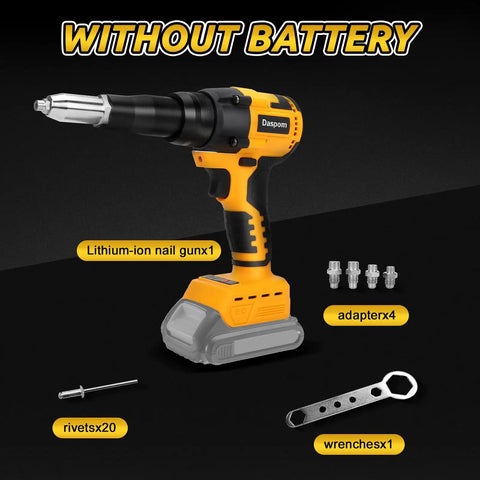 Daspom Cordless Pop Rivet Gun With Brushless Motor displayed with attachments and tools, showcasing a versatile design for DIY and auto work.