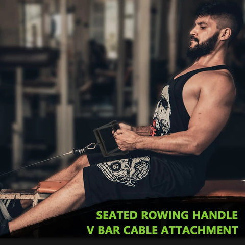 Must Have Double D Row Handle Cable Attachment And V Bar For Lat Pulldown And Tricep Press, Heavy Duty Steel With Non Slip Rubber Grips For Secure, Comfortable Gym And Home Workouts. Seated row cable attachment in use