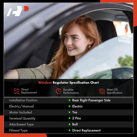 Rear right passenger side power window regulator with motor for Ford Escape 2008-2012 shown with specifications chart.
