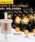 See-Through 40 Micron Fuel Filter For Lawn Mowers, 1/4 Inch Hose, Pump-Ready Fit, overlay of engine pistons