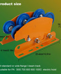 Heavy Duty I-Beam Trolley For Electric Hoist 1 Ton Capacity With Dual Track Rollers and Adjustable Flange, side view showing dimensions