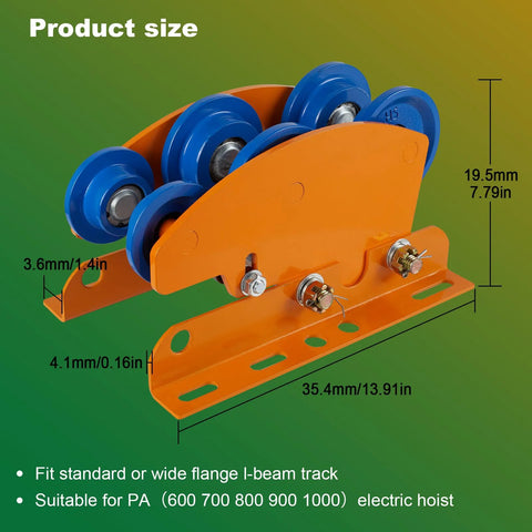 Heavy Duty I-Beam Trolley For Electric Hoist 1 Ton Capacity With Dual Track Rollers and Adjustable Flange, side view showing dimensions