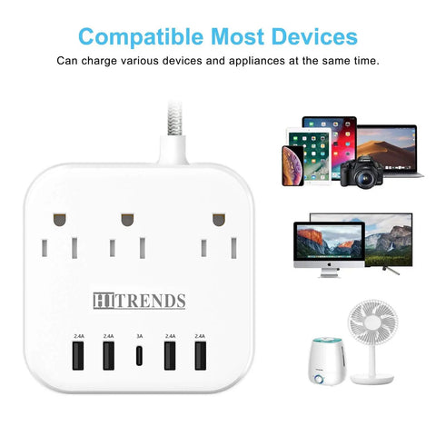 Image of a white power strip with multiple outlets and USB ports labeled 'HITRENDS', displaying compatibility with various devices.