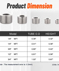 Diagram showing dimensions of Stainless Steel Pipe Plug Fittings Assortment Kit With Five Sizes One Eighth Inch One Quarter Inch Three Eighths Inch One Half Inch And Three Quarters Inch Twenty Five Pieces NPT Male Internal Hex Thread Socket Plugs For DIYers