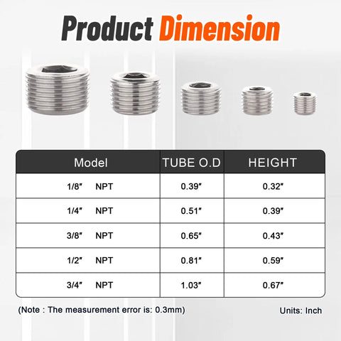 Diagram showing dimensions of Stainless Steel Pipe Plug Fittings Assortment Kit With Five Sizes One Eighth Inch One Quarter Inch Three Eighths Inch One Half Inch And Three Quarters Inch Twenty Five Pieces NPT Male Internal Hex Thread Socket Plugs For DIYers