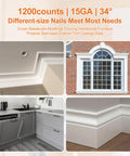 Collage showing 34° angled finish nails used in trim, cabinetry, and woodworking projects with 1200 nails in various sizes.
