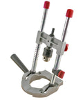 Richelieu R77229 drill guide attachment for 1/4–3/8 in drills; silver with red knobs and gray base.