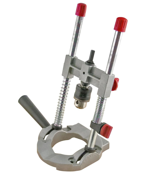 Richelieu R77229 drill guide attachment for 1/4–3/8 in drills; silver with red knobs and gray base.
