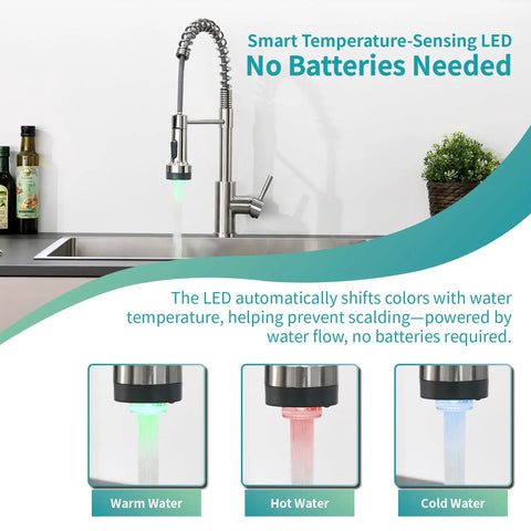 Single Hole Stainless Steel Kitchen Faucet With Pull Down Sprayer And LED Temperature Indicator installed in sink.