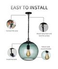 Installation steps for Hand Blown Glass Pendant Light In Fir Green Seeded Bubbles, cool modern farmhouse ceiling fixture.