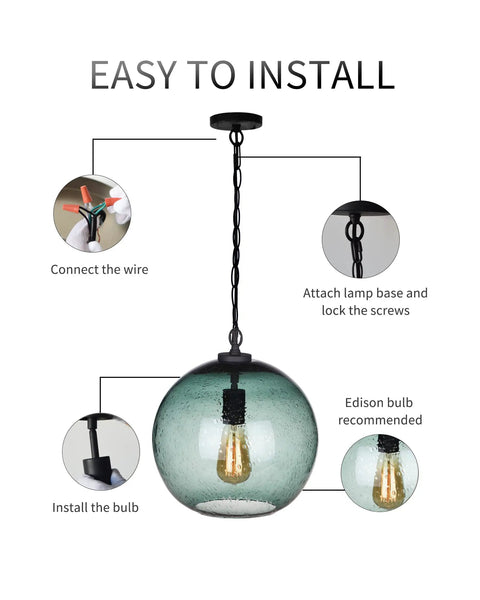 Installation steps for Hand Blown Glass Pendant Light In Fir Green Seeded Bubbles, cool modern farmhouse ceiling fixture.