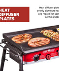 Professional Fry Griddle for Large Cookouts 3 Burner Steel Griddle With Built In Heat Diffusers cooking food on 16x38 surface