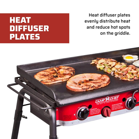 Professional Fry Griddle for Large Cookouts 3 Burner Steel Griddle With Built In Heat Diffusers cooking food on 16x38 surface