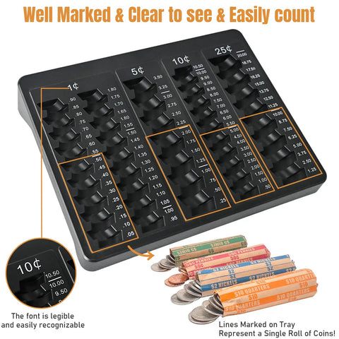 Pro Grade Black Coin Counter Tray For Quick Change Count And Sort 5 Compartment Organizer With 150 Assorted Coin Wrappers Included For Pennies Nickels Dimes And Quarters Durable Home Or Office Coin Sorting Tray Easy To Use showing black tray and colorful coin wrappers