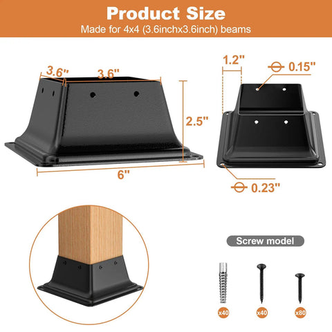 Product dimensions and installation for Built Tough 4x4 Post Base Bracket Set 10 Pack For Wood Posts Internal 3.6 By 3.6 Inches Powder Coated Steel Deck Porch Handrail Support With Screws And Mounting Hardware