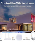 Modern house with image of Six Inch LED Recessed Lighting Kit with RGB and Tunable White Dimmable Color Changing Downlights displayed.
