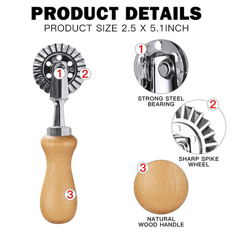 Ravioli Crimper Cutter Wheel For Home Kitchen Use 1.3 Inch Pastry Wheel Cutter With Fluted Edge And Wood Handle, Easy Press Seals Fresh Pasta And Dumplings, DIY Ravioli Making Tool, High Quality Food Grade Materials with size and component details.