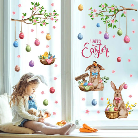 Happy Easter Totally Cute Wall Decals Set With Bunny And Eggs Tree Branch Design Peel And Stick Window Clings For Living Room Bedroom And Nursery Spring Decor Easy Peel And Stick For Quick Home Decor