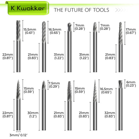 Illustration of 20 Piece Tungsten Carbide Burr Set For Dremel And Small Rotary Tools with size dimensions for each burr