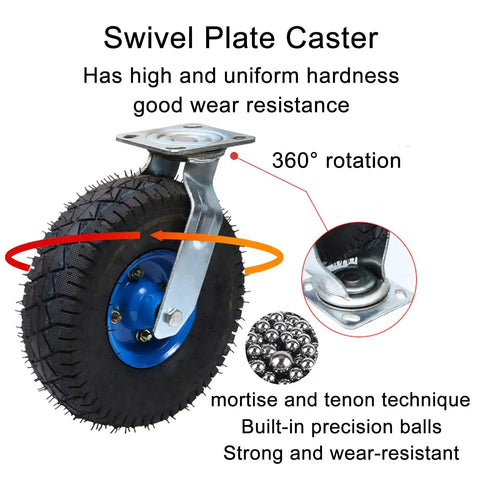 Heavy Duty Rubber Swivel Caster Wheels 6 8 10 Inch Pneumatic Quiet Rolling Utility Cart Casters With Reinforced Steel Hub dual ball bearings.