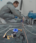 Two Sets Automatic 110V Electronic Drain Valve Kit With Timed Tank Drain For Air Compressors, shown with braided steel hoses.