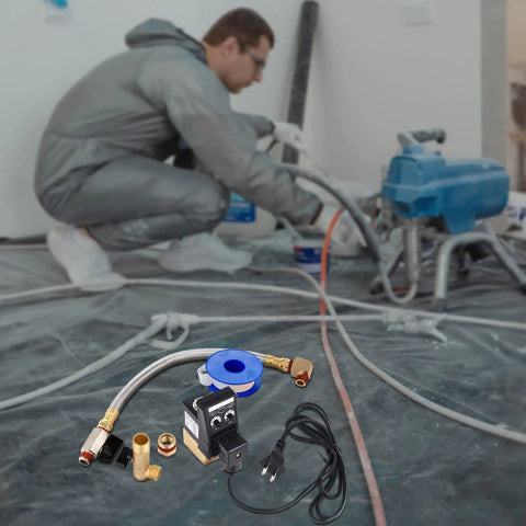 Two Sets Automatic 110V Electronic Drain Valve Kit With Timed Tank Drain For Air Compressors, shown with braided steel hoses.